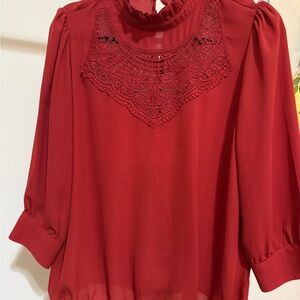 New York & Company Red Lace Yoke Blouse